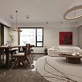 Modern Living Dining Room Interior With Sofa Dining Table Chairs Pendant Lights And Rug