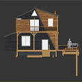 Modern Wooden House With Gray Roof Black Walls And Wooden Deck Balcony Staircase