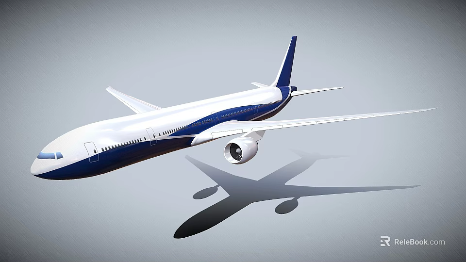 Blue and white passenger airplane flying with large wings and engine shadow below 3d model