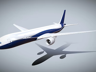 Blue and white passenger airplane flying with large wings and engine shadow below 3d model