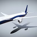 Blue and white passenger airplane flying with large wings and engine shadow below 3d model