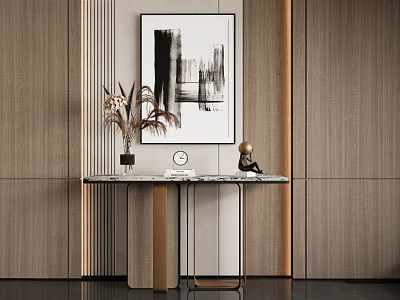Modern Console Table with Marble Top Metal Legs Decorative Painting and Wooden Wall 3d model