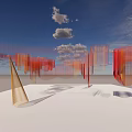 Transparent Red And Orange Art Installation With Blue Sky Clouds And White Ground