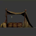 Rustic Outdoor Living Supplies Display With Canvas Tent Wooden Wheel And Bundled Sacks