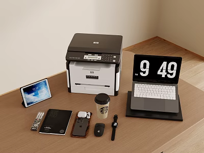 Laptop On Wooden Desk With Printer Tablet Notebook Phone Watch And Coffee Cup 3d model Laptop On Wooden Desk With Printer Tablet Notebook Phone Watch And Coffee Cup 3d model