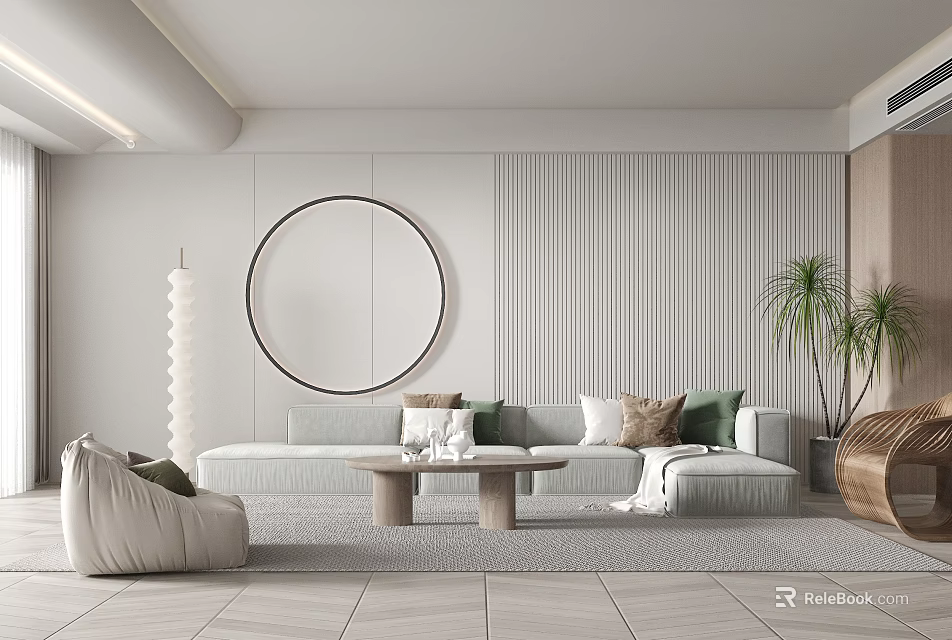 Modern Living Room Interior With Circular Mirror Striped Wall Light Gray Sofa And Green Plants 3d model 