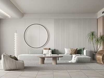 Modern Living Room Interior With Circular Mirror Striped Wall Light Gray Sofa And Green Plants 3d model