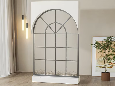 Casement Window With Arched Top Grid Design Clear Glass In Indoor Wooden Floor Setting 3d model
