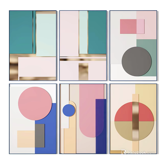 Contemporary Abstract Geometric Paintings Featuring Colorful Shapes And Gold Lines 3d model 