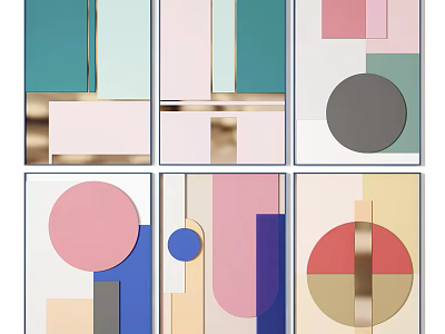 Contemporary Abstract Geometric Paintings Featuring Colorful Shapes And Gold Lines 3d model