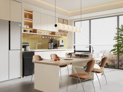 Modern Open Dining Space With White Cabinets Yellow Tile Backsplash Island And Pendant Lights 3d model