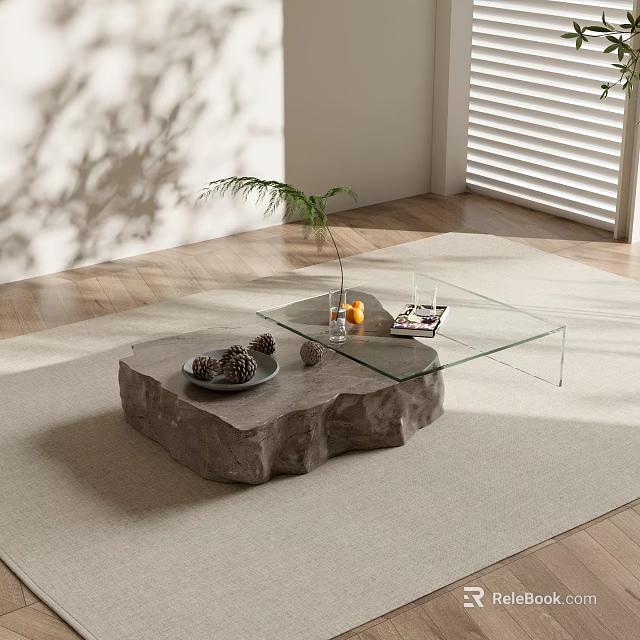 Rock Shaped Glass Top Coffee Table With Stone Base And Plant On Rug In Sunlight 3d model 