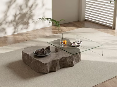 Rock Shaped Glass Top Coffee Table With Stone Base And Plant On Rug In Sunlight 3d model