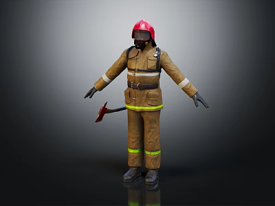 Firefighter in Protective Gear With Red Helmet and Axe Standing on Dark Background 3d model
