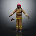 Firefighter in Protective Gear With Red Helmet and Axe Standing on Dark Background
