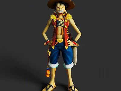 Anime Character Figure With Straw Hat Red Vest Blue Shorts And Sandals 3d model