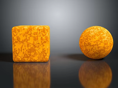 Orange Textured Cube And Sphere With Intricate Patterns On Black Surface 3d model