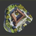 Traditional Ancient Architecture Model Featuring Red Tile Roof Courtyard Surrounded by Green Trees