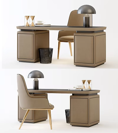 Modern Home Office Desk With Cabinet Base Beige Chair Table Lamp Glassware And Books 3d model