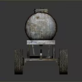 Rusty Metal Oil Tank Mounted On Trailer With Wheels And Handle