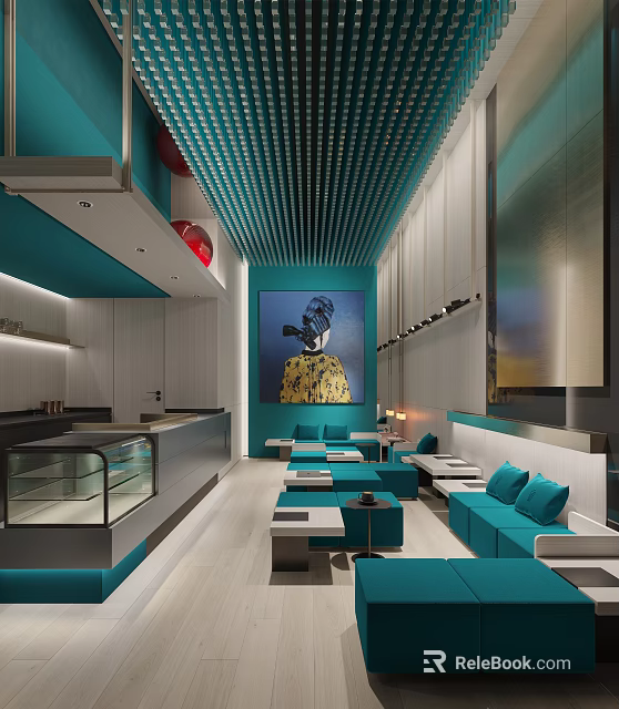 Modern Dessert Shop Interior With Teal And White Design Display Case Sofas Artwork And Perforated Ceiling 3d model
