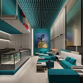 Modern Dessert Shop Interior With Teal And White Design Display Case Sofas Artwork And Perforated Ceiling 3d model