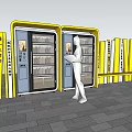 Square Landscape With Yellow Framed Smart Lockers Person Using Tablet Stone Pavement And Blue Sky