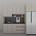 Modern Light colored Sideboard With Black Countertop Drawers Water Dispenser And Refrigerator