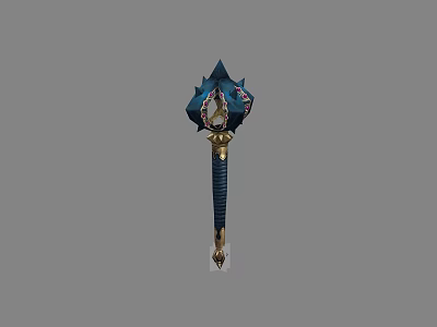 Blue and Golden Fantasy Warhammer with Ornate Spiked Head and Golden Accents on Handle 3d model