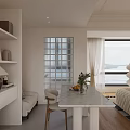Modern Dining and Living Room Interior With Large Window Green Plants Fireplace and White Sofa