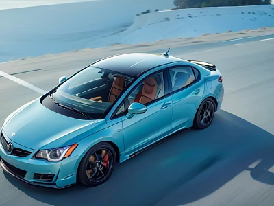 Sporty Blue Sedan With Sleek Design Driving On Open Highway Brown Leather Seats 3d model