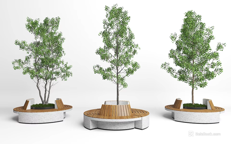 Modern Tree Planter Design With Wooden Seats And Circular Stone Base Structure 3d model