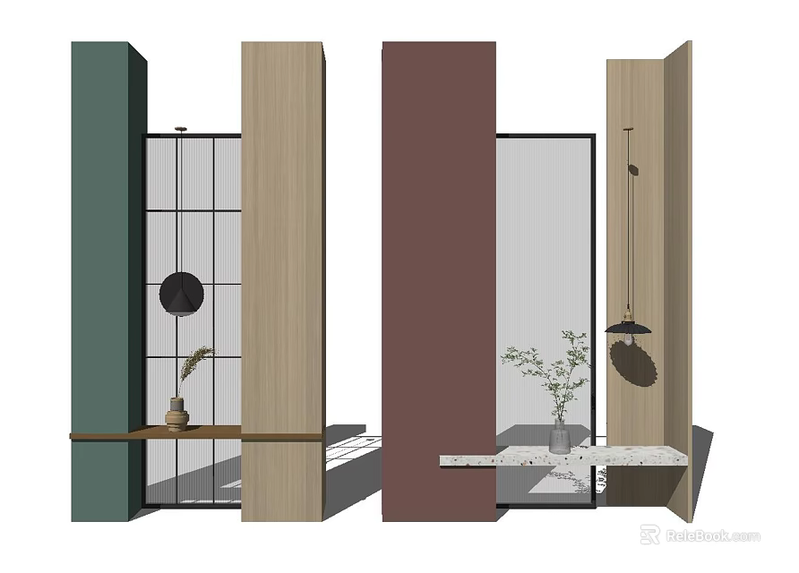 Modern Room Dividers With Green Wooden Brown Panels Glass Shelf And Plant Vase 3d model 