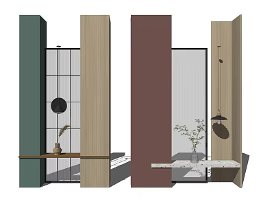 Modern Room Dividers With Green Wooden Brown Panels Glass Shelf And Plant Vase 3d model