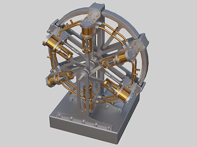 Industrial Equipment With Circular Frame And Gold Cylindrical Metal Parts On Square Base 3d model