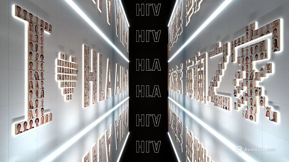HTV HLA Text Display In Modern Illuminated Corridor With Photo Walls 3d model 
