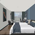 Modern Hotel Room Interior With Double Beds Blue Pillows Wooden Flooring And Window Curtains