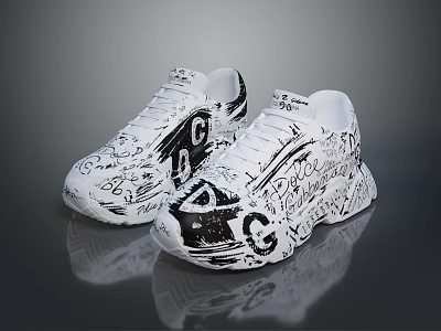 Fashionable Black White Graffiti Printed Casual Sneakers For Daily Wear 3d model