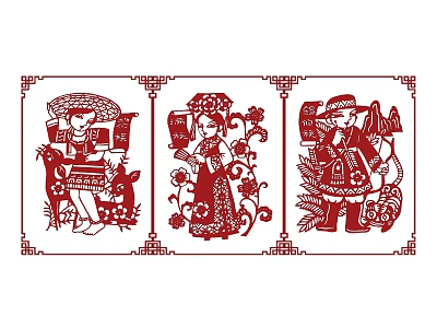 Chinese Red Paper Cut Artwork With Traditional Figures In Decorative Frames 3d model