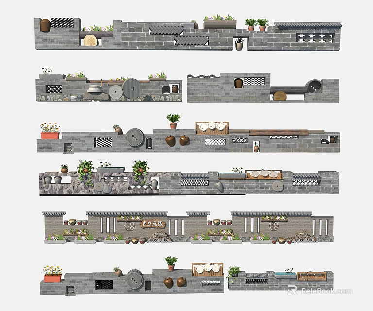 Various Decorative Landscape Wall Designs With Stone and Plant Elements 3d model 