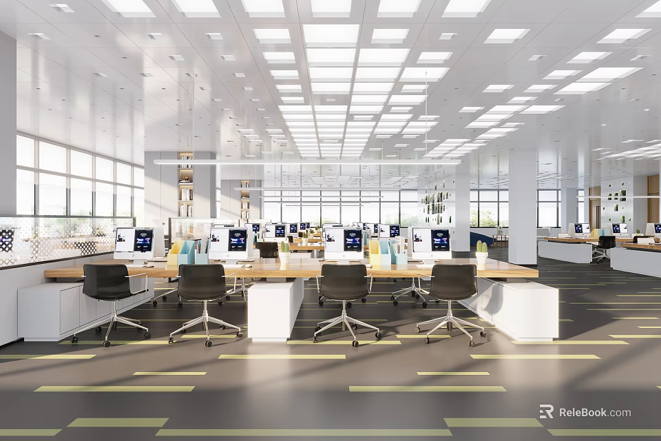 Bright Modern Public Office Space With Open Workstations And Large Windows 3d model