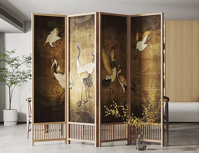 Decorative Chinese Wooden Screen With Crane Patterns And Traditional Design 3d model