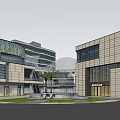 Modern Commercial Street With Green Roof Central Fountain And Landscaped Walkways
