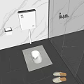 Squat Toilet in Modern Bathroom with Gray Tiled Floor White Marble Wall and Slippers