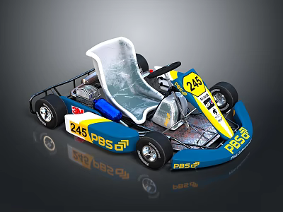 Racing Go Kart With Blue Yellow Design PBS Logo Number 245 And Silver Seat 3d model