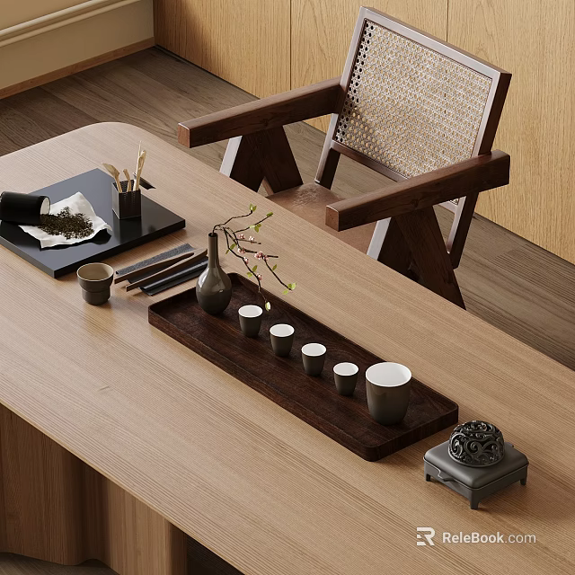 Natural Style Tea Set On Wooden Table With Tray Cups Vase And Rattan Chair 3d model 