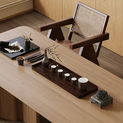 Natural Style Tea Set On Wooden Table With Tray Cups Vase And Rattan Chair 3d model