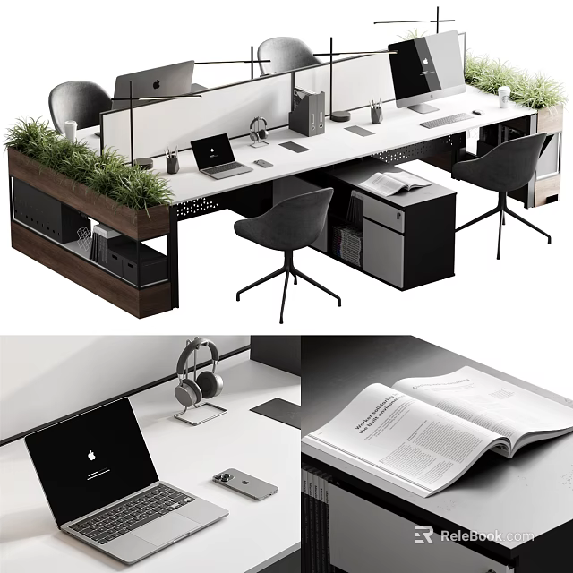 Modern Office Desk Setup With Ergonomic Chairs Green Plants Laptop And Documents 3d model 