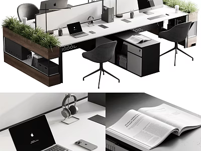 Modern Office Desk Setup With Ergonomic Chairs Green Plants Laptop And Documents 3d model