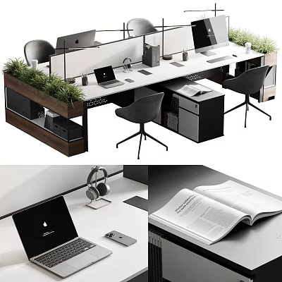 Modern Office Desk Setup With Ergonomic Chairs Green Plants Laptop And Documents 3d model